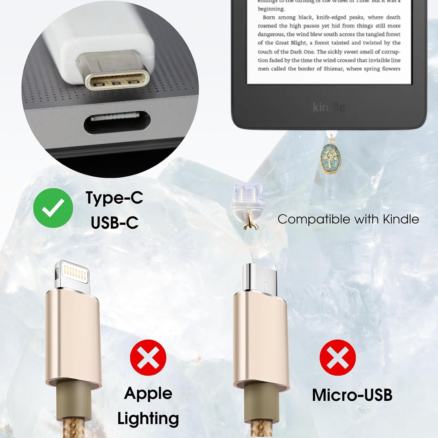 2 Pcs Crystal Charms for Kindle,Cute Tablet and Phone Accessories USBC Dust Plug, Compatible with Kindle and Phone Type C Charging Ports