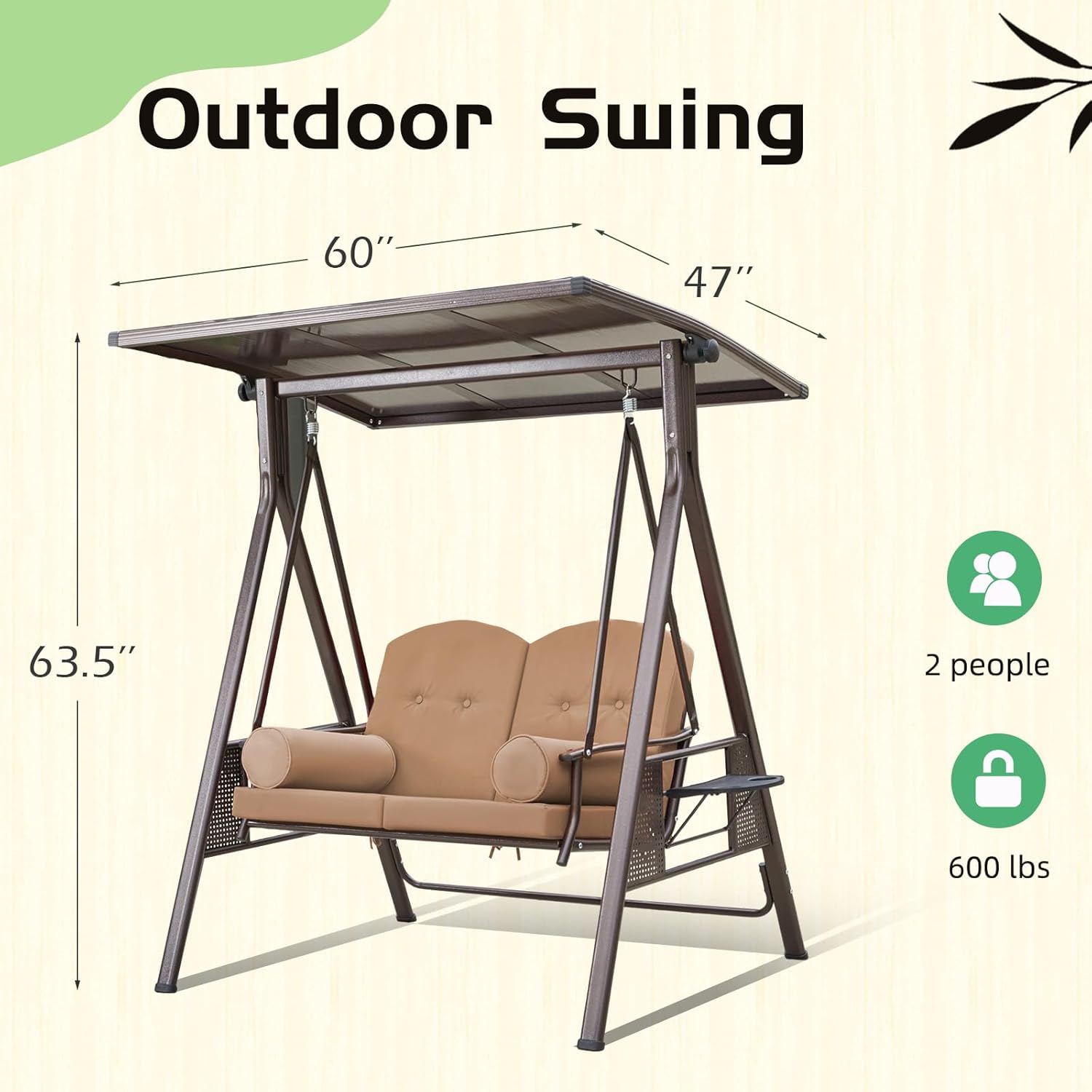 YOLENY Outdoor Patio Swing with Adjustable Hardtop, 2 Seat Porch Swing with 2 Side Cup Holder, Convertible Backrest Swing Bed with Cushion, 2 Pillows for Front, Porch, Lawn, Khaki