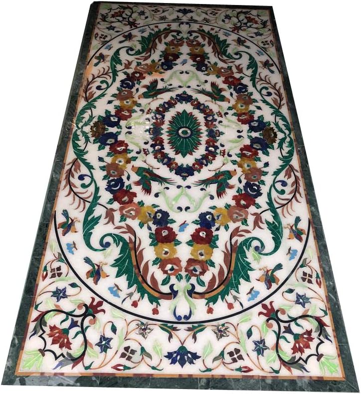 White Marble Dining Table Top, Loved Ones Gifts, Handmade Table top, Floral Inlay Art Marquetry Kitchen Decor