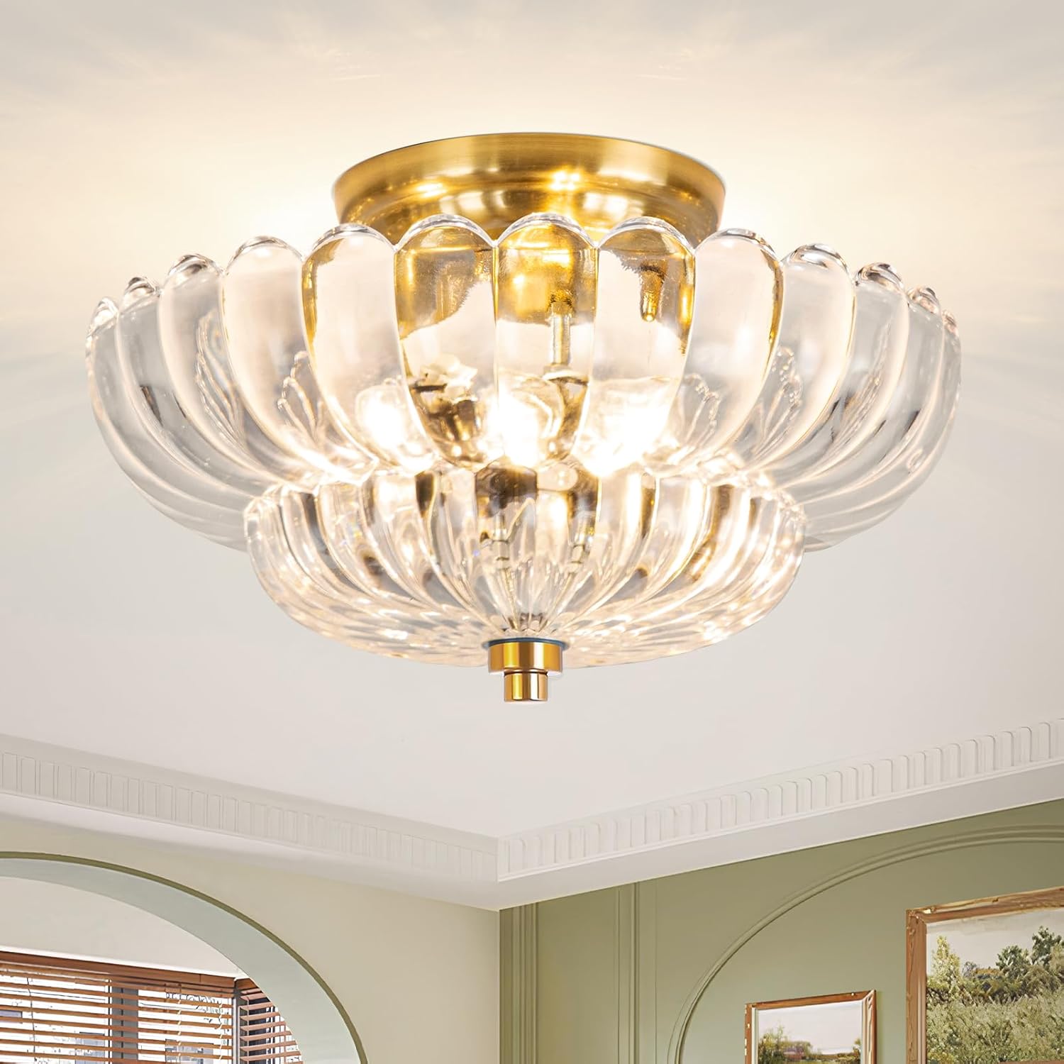 Gold Semi Flush Mount Ceiling Light Fixture, Vintage Clear Glass Ceiling Lights, 3-Light Close to Ceiling Lights for Closet, Hallway, Kitchen, Dining Room