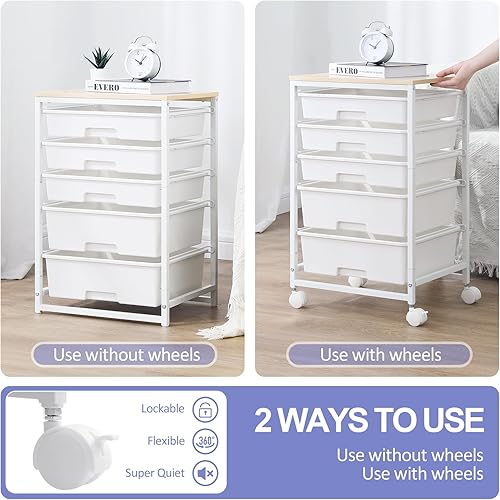 Miniatura 7 de Carrito utilitario con 5 cajones, carrito de almacenamiento con mesa de madera y ruedas con cerradura, carrito rodante de 5 cajones con gran