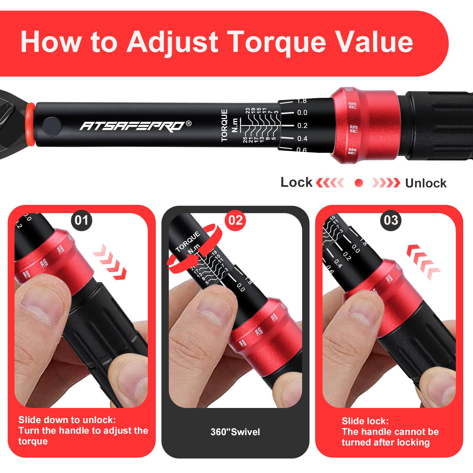 ATsafepro Bike Torque Wrench 1/4 Inch 3-25 Nm,72 Tooth Dual Direction Adjustable Torque Spanner,±3% Error Accuracy for Bike and Motorcycle Maintenance - Image 4