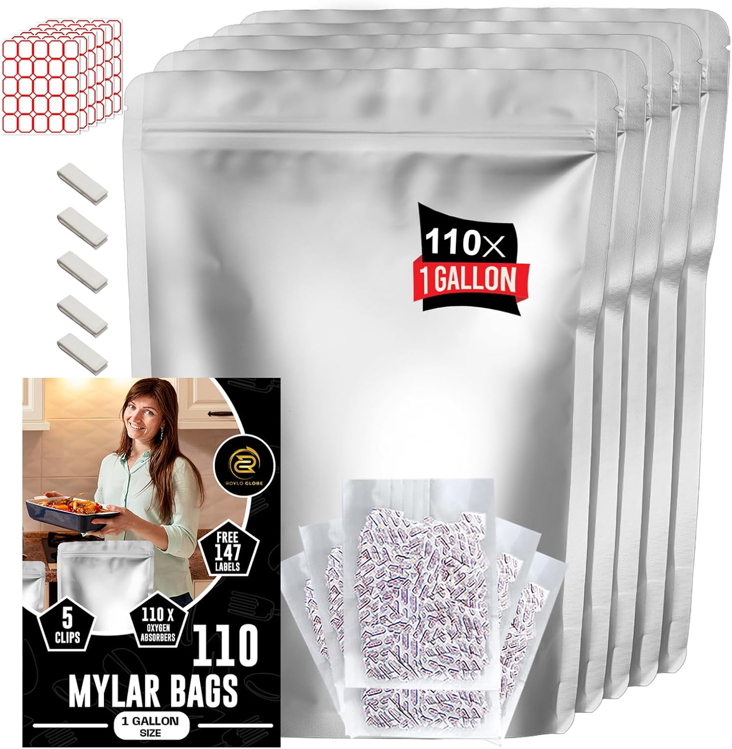 110 PCS 1 Gallon Mylar Bags with 500cc x110 Oxygen Absorbers - 147 Labels & 10 MIL Thick Stand-Up Reusable Airtight Resealable Bags, Large Mylar Bags for food storage with 5 Clips