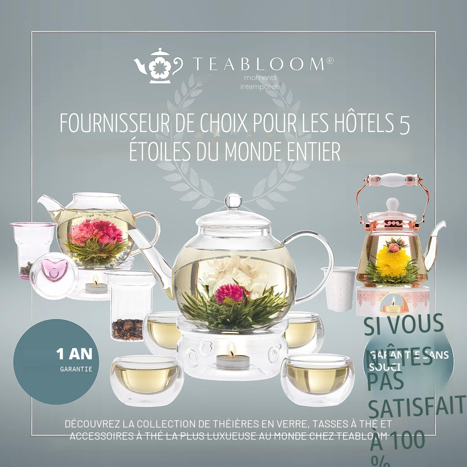 Teabloom Théière en verre compatible avec la cuisinière avec infuseur amovible (1200 ml) et quatre tasses en verre à double paroi (150 ml) – Service à thé Classica