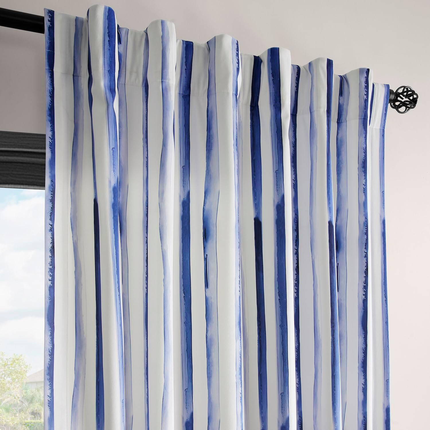 HPD Half Price Drapes Barcelona Velvet Curtains for Bedroom 96 Inches Long (1 Panel) - Striped Printed Rod Pocket Room Darkening Curtains for Living Room & Window - 50 X 96, Waves Vertical Stripe Blue