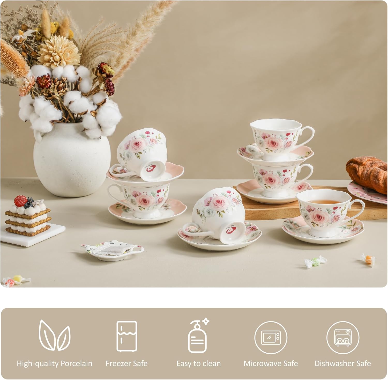 Floral Porcelain Tea Cup Set of 6 (12-Piece), 6 Cups & 6 Saucers with Rose Pattern, 6oz Scalloped Edge Coffee Cups, Dishwasher & Microwave Safe, Elegant Gift