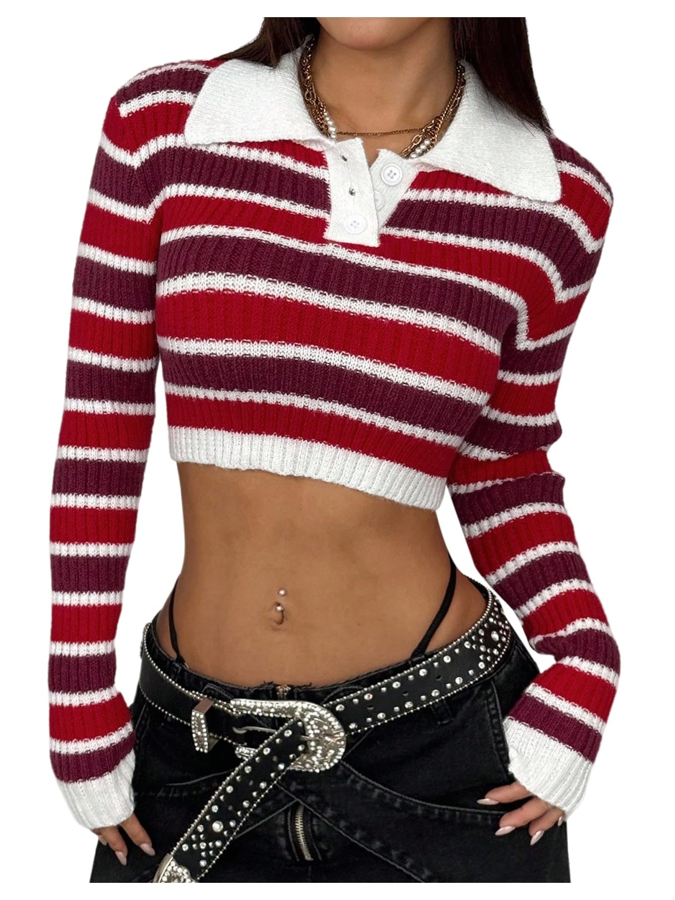 Milumia Womens Y2k Striped Sweater Knit Collared Long Sleeve Preppy Going Out Crop Tops