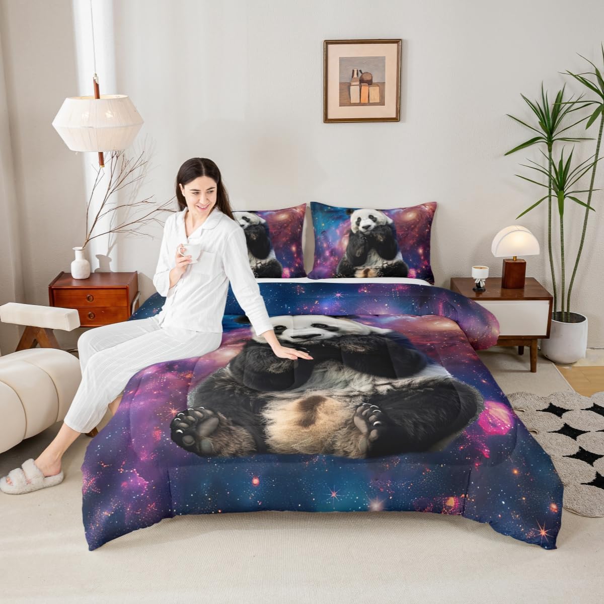 3D Panda Comforter Set Queen Size,Cute Panda Print Bedding Set Kids Young Man,Galaxy Starry Sky Comforter for Teen Child Room Decor,Lovely Animal Theme Quilted Duvet Set with 2 Pillowcase