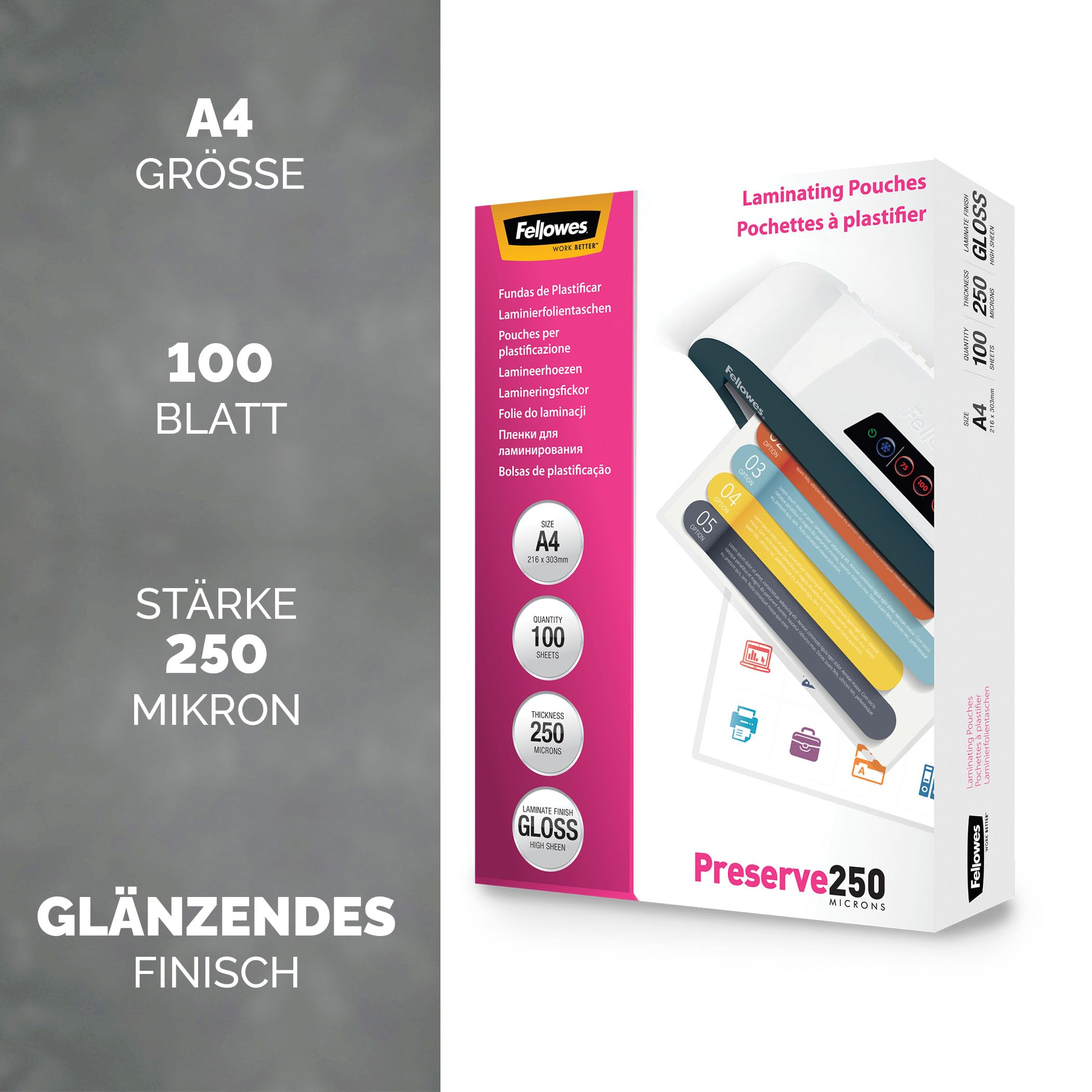 Fellowes Laminierfolien A4, 250 Mikron (2 x 250 mic), Heißlaminierfolien mit glänzendem Finish, sehr stark, 100 Stück