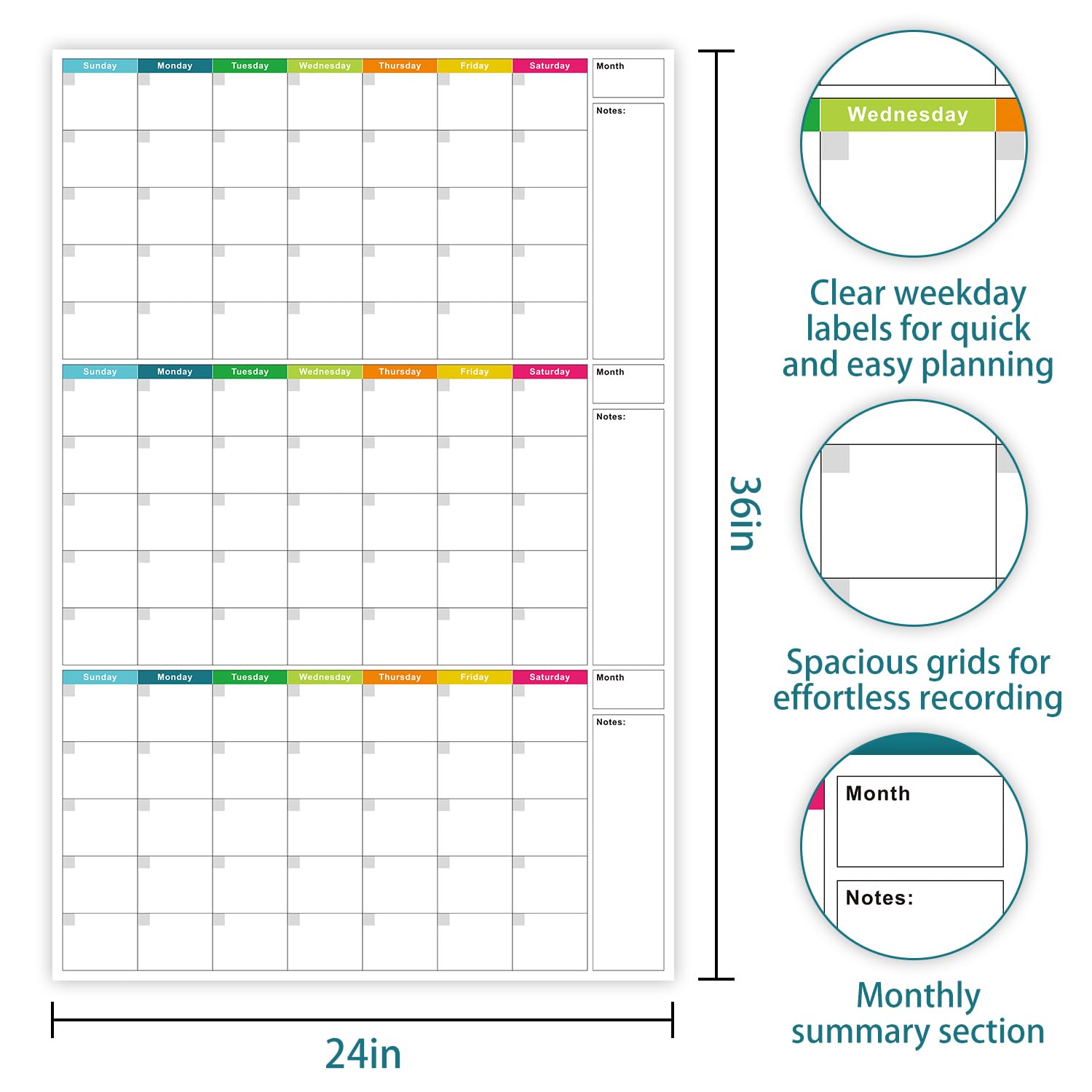 Großer, trocken abwischbarer Wandkalender – undatierter 3-Monats-Wandkalender, 61 x 91,4 cm, löschbar und wiederverwendbar, laminierter Whiteboard-Kalender