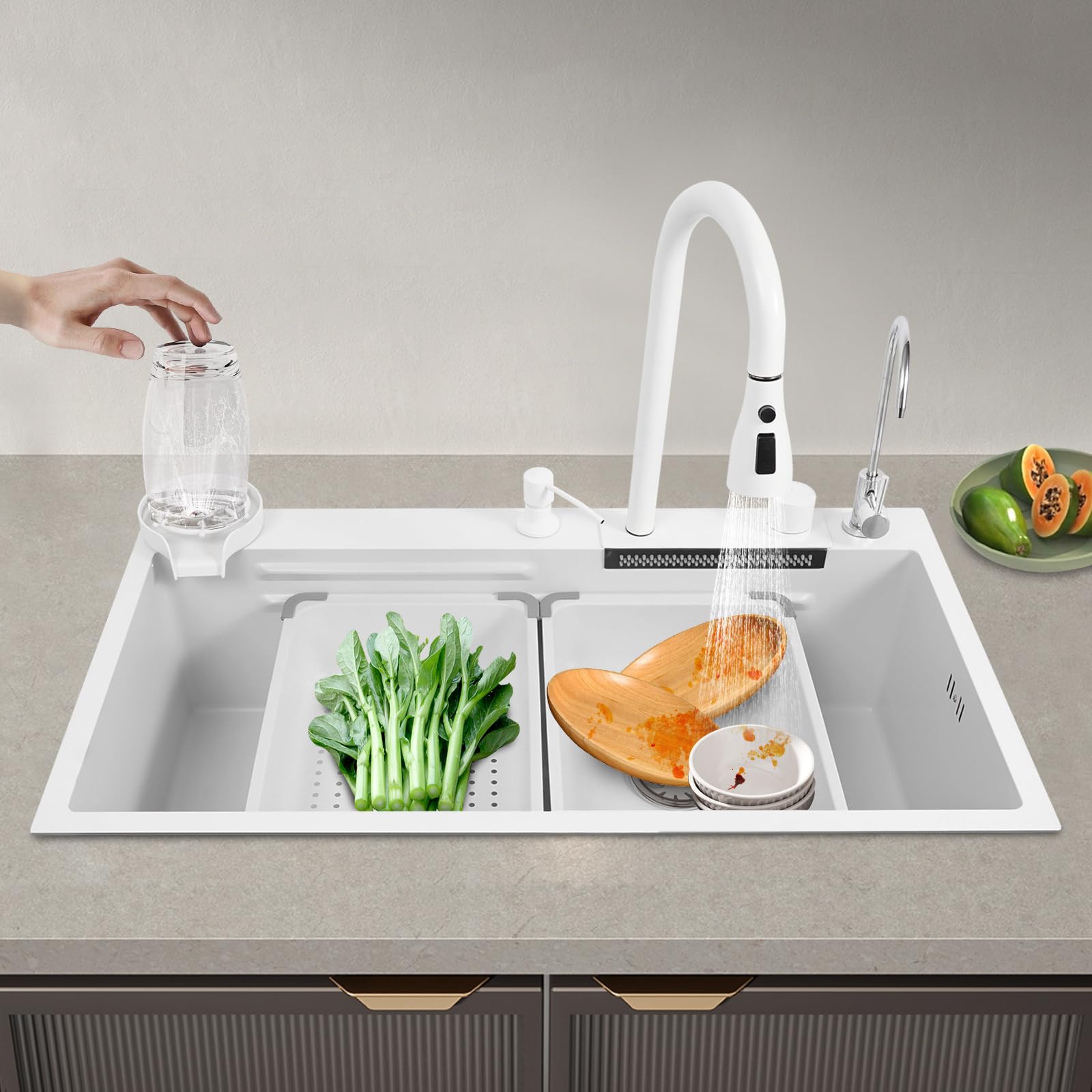 Fregadero de cocina cascada de acero inoxidable, 80 x 46 cm, 1 seno, multifunción, con grifo extraíble, juego completo de accesorios (blanco, 80 x 46 x 22 cm)