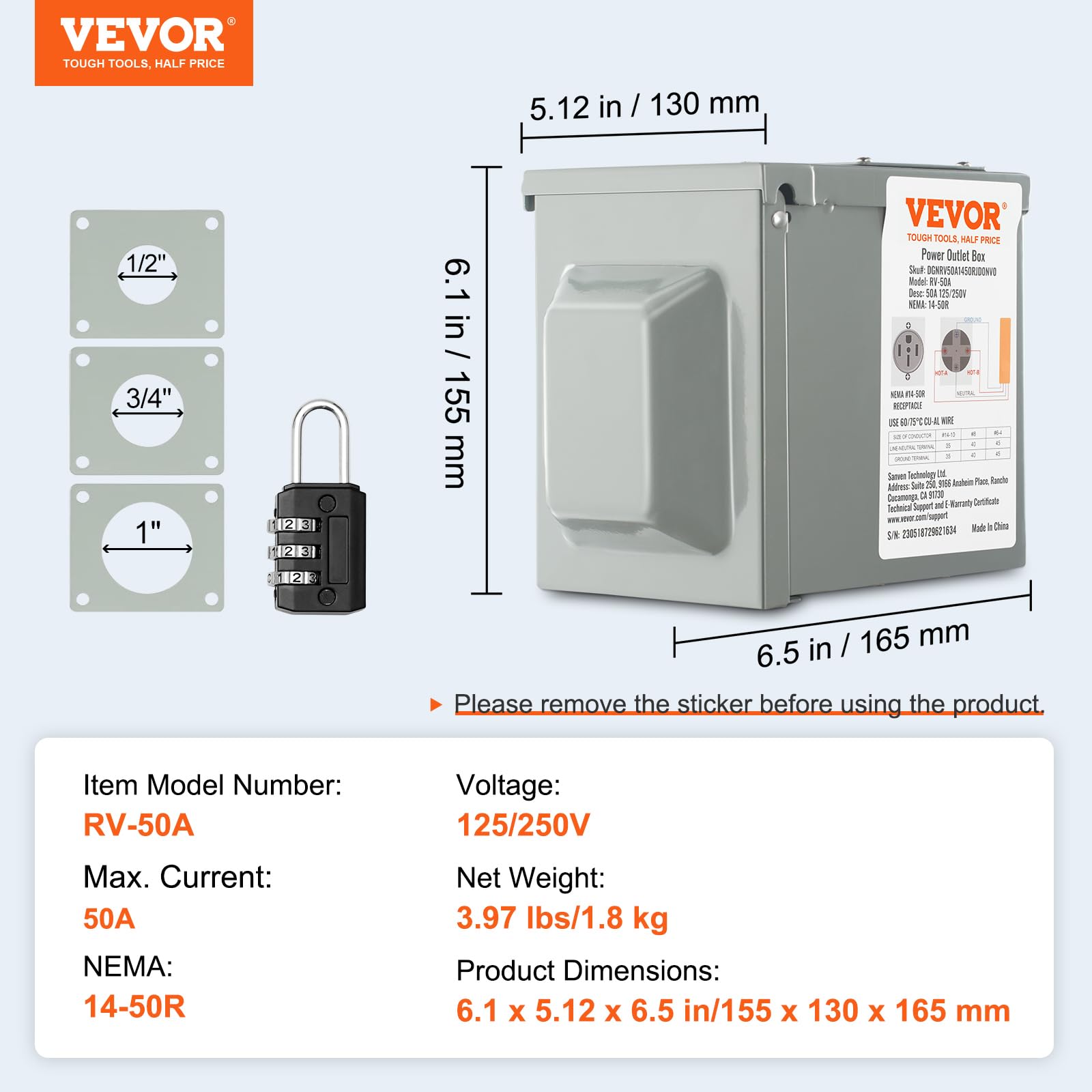 VEVOR Caja de toma de corriente para RV de 50 A, 125/250V, caja de receptáculo para RV cerrada con cerradura para exteriores, panel eléctrico resistente a la intemperie NEMA 14-50R, para autocaravana