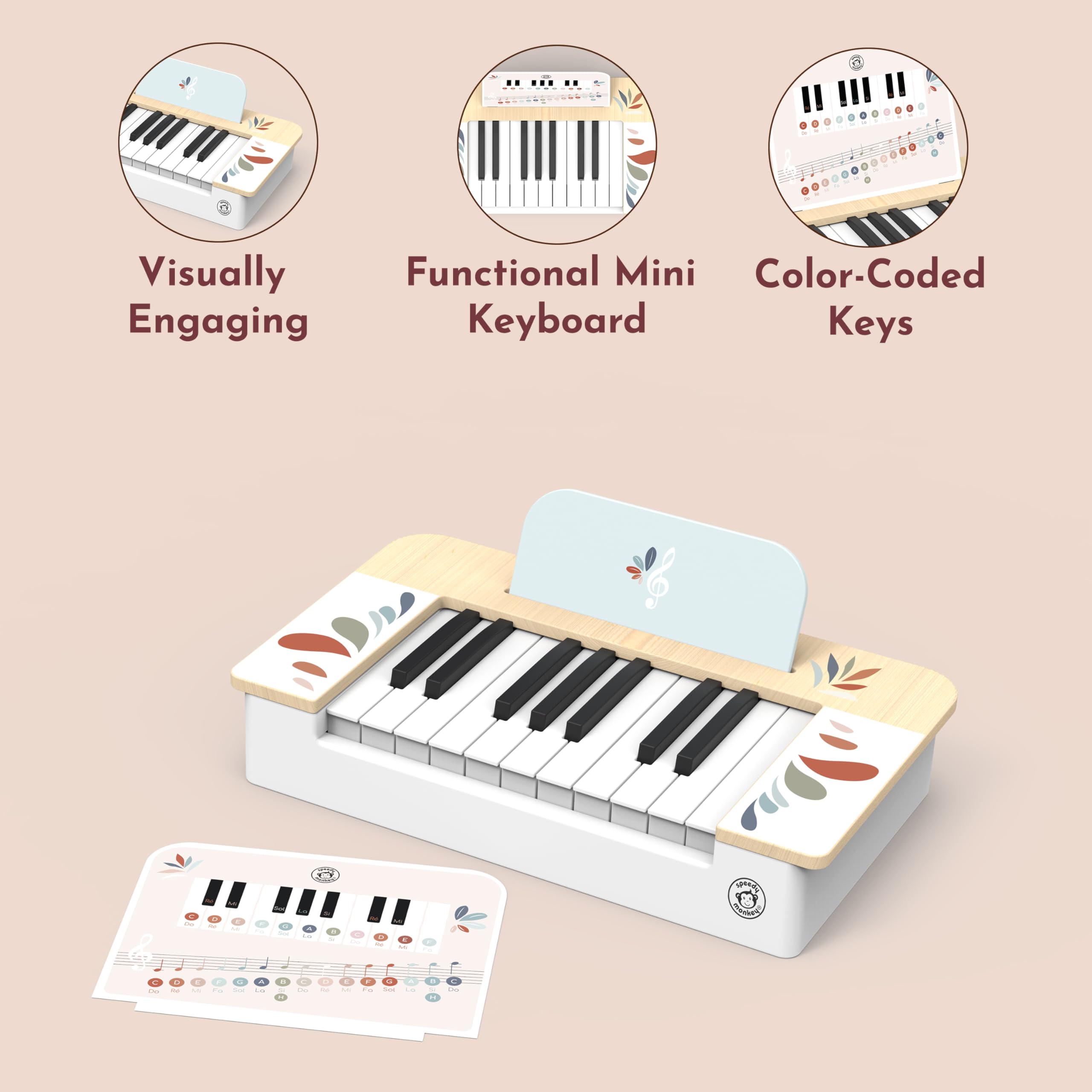 Speedy Monkey Holz Piano Keyboard Spielzeug FSC Zertifiziert ab 3 Jahren | Bunte Tasten, Mini-Tastatur, Kinder-Musikinstrumente, Kleinkind-Musikinstrumente, kreativer Rhythmus, Fingerfertigkeit