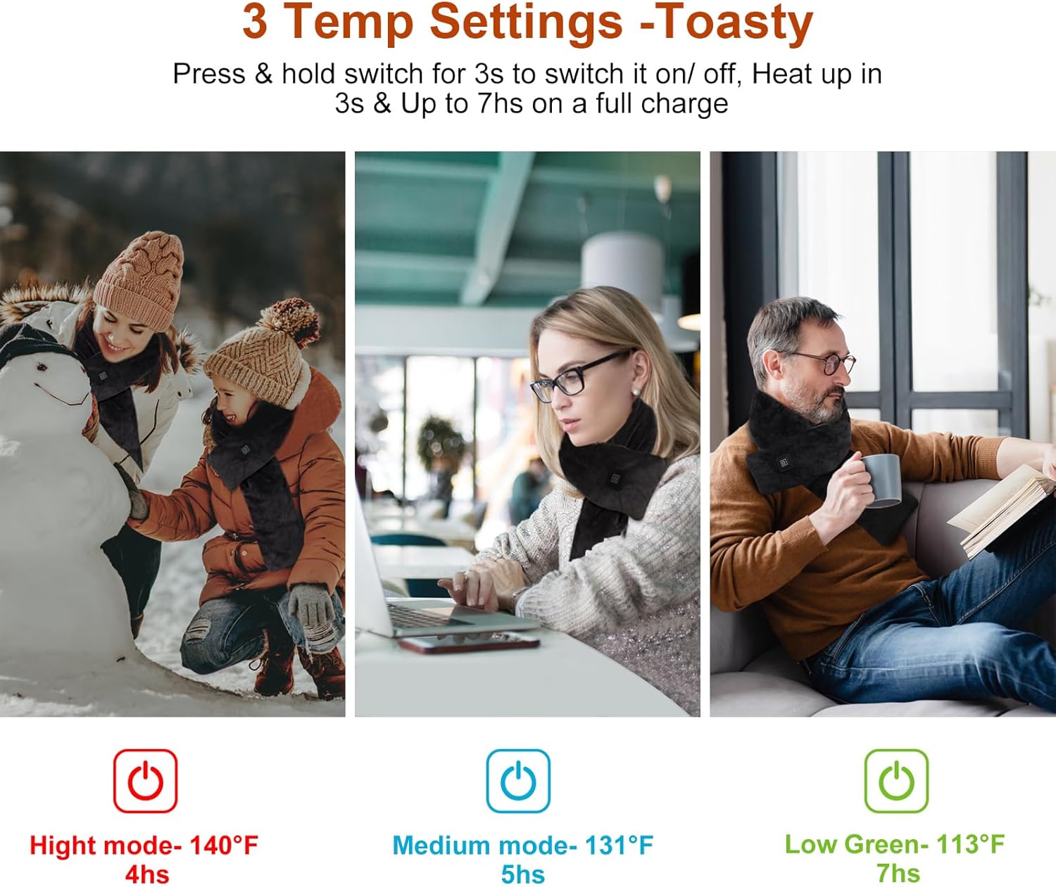 Neck Heating Pad Heated Scarf Rechargeable,Heating Pad for Neck Pain &Stiffness Relief,Heated Neck wrap Warmer with 7000mAh Power Bank,Cordless Thermal Neck Brace,Christmas Gifts for women men (black) - Image 2