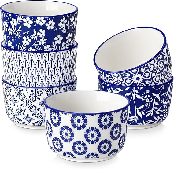 vancasso Selene 6 oz Ceramic Ramekins Set of 6, Microwave & Dishwasher Safe Souffle Cups for Baking, Dip & Sauce, Desserts, Handcrafted Blue Floral Bowls