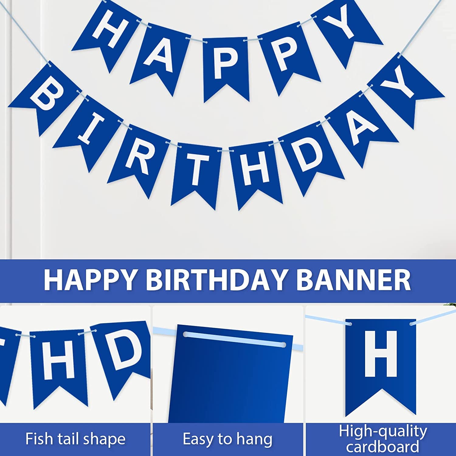 Décoration Anniversaire Bannière « Happy Birthday » Bleu Vichy – Guirlande à Carreaux, Facile à Assembler, Papier Cartonné épais - 12