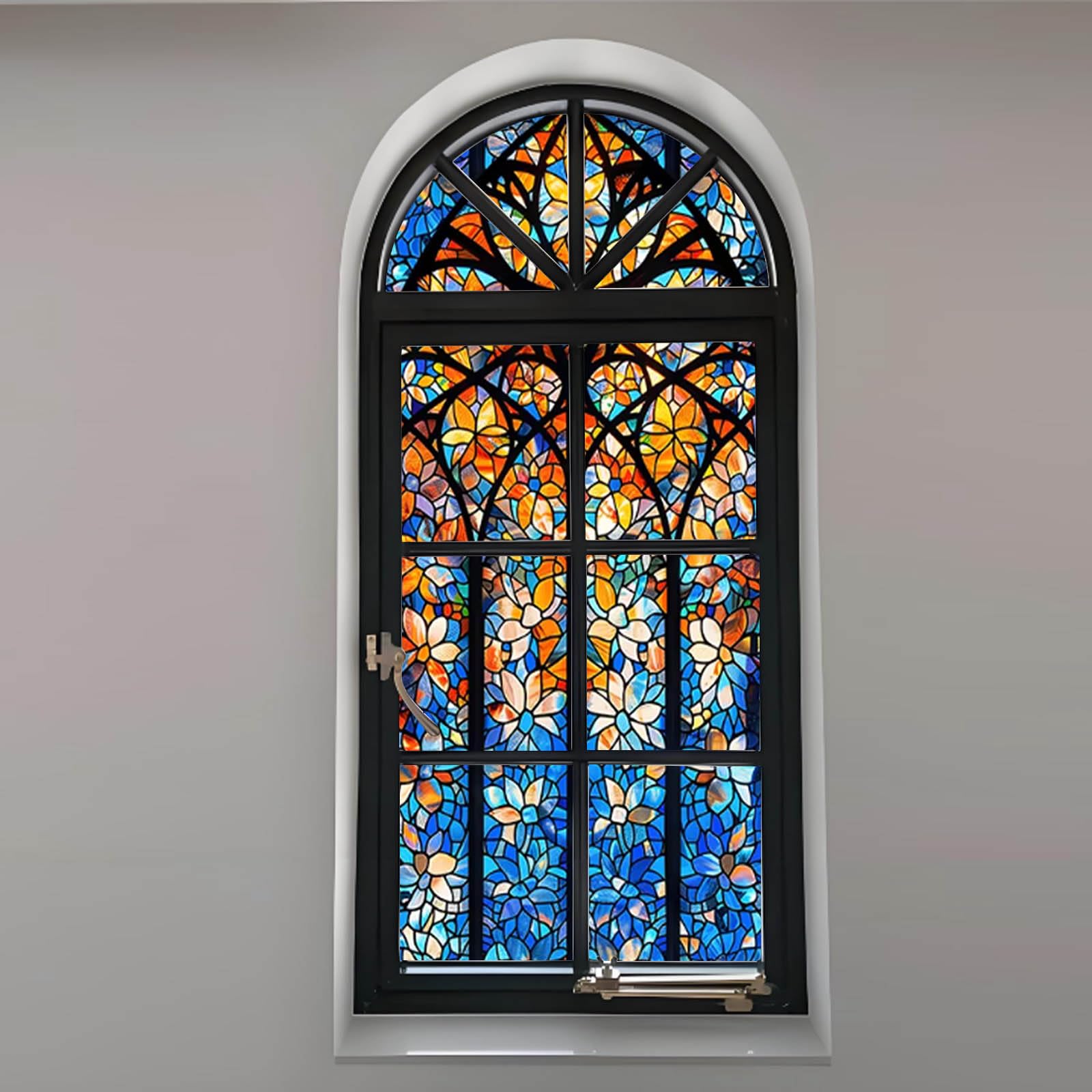 Ornamente Fensterfolie im Kirchen-Buntglas Look – Blumen-Mosaik Motiv statische Haftung ohne Kleber abnehmbar UV-Schutz voller Sichtschutz für Heim Büro,W38,60x200cm