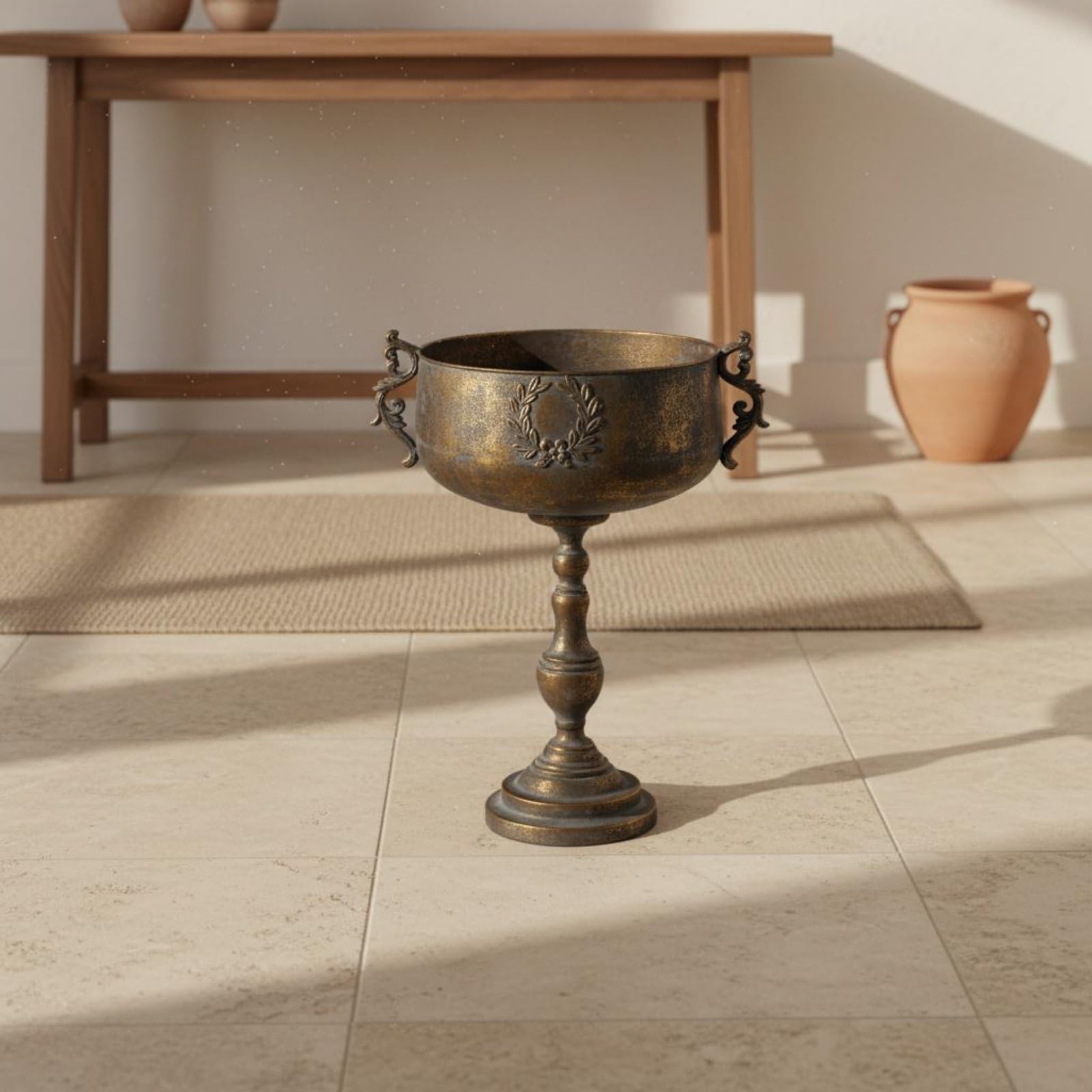 Jarrón de Suelo Decorativo Jarrón de Pie Florero Pedestal Centro de Mesa de Metal Forjado Textura Envejecida y Copa de Cáliz Elegante Adecuado para Decoración de Recibidores Salones y Bodas