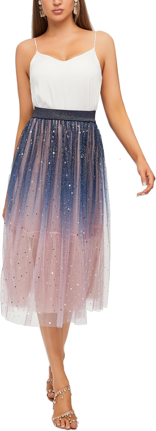 Women's Galaxy Gradient Pleated Tulle Midi Skirt with Shimmering Silver Moonlit Star Accents