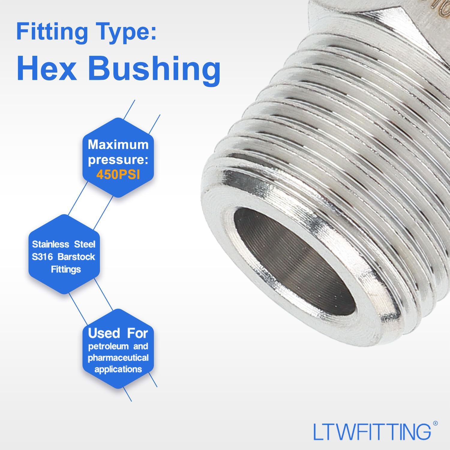 LTWFITTING Bar Production Stainless Steel 316 Pipe Hex Bushing Reducer Fittings 3/8" Male x 1/8" Female NPT Fuel Water Boat (Pack of 5)