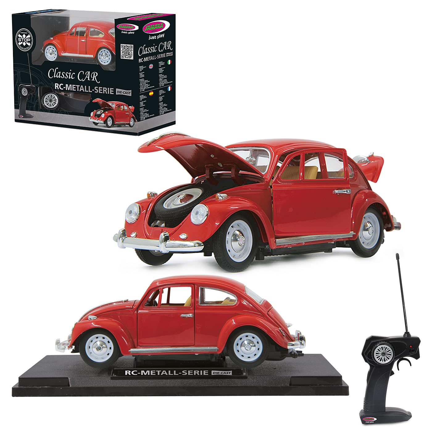 JAMARA 405110 - VW Käfer 1:18 RC Diecast Rot 27MHz – Kultfahrzeug mit Gummi-Bereifung, öffnen von Türen, Motorhaube und Kofferraum, perfekt nachgebildete Details, hochwertige Verarbeitung