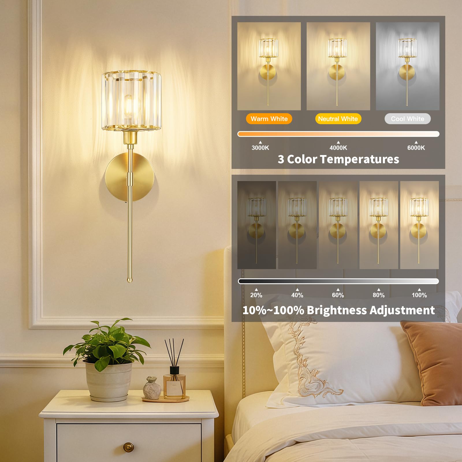 Kimjo LED Wandleuchte Innen Akku, Vintage Gold Kristall Wandlampe Innen Dimmbar, Kabellose Wandleuchte Ohne Stromanschluss, USB-C Aufladbare Wandleuchte für Wohnzimmer Schlafzimmer Flur, 2 Stück