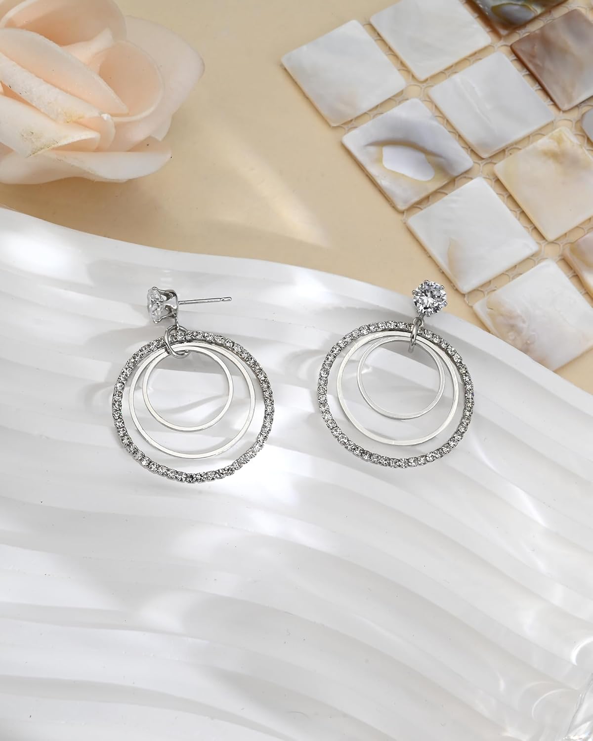 Vintage Silver 3 Layered Circle Drop Dangle Earrings for Women, Hypoallergenic Cubic Zirconia Silver and 14K Gold Plated Jewelry CZ Studs Boho Dangle Earrings for Jewelry Gifts - Image 7