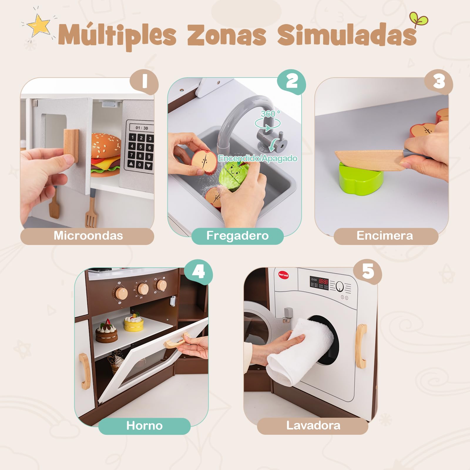 COSTWAY Cocina Juguete para Niños, Juego de Cocina Infantil con Sonido y Luces, Microondas, Horno, Fregadero, Lavadora, Juego de Cocina Infantil de Madera, a Partir de 3 años