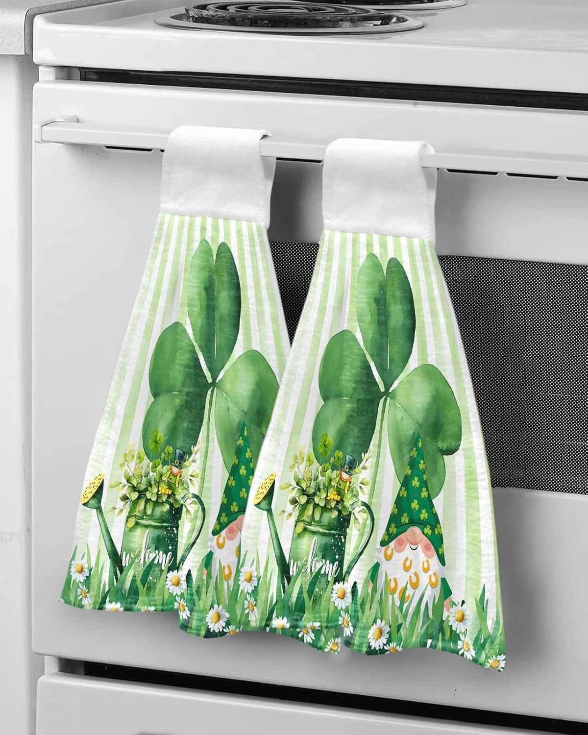 St Patrick's Day Kitchen Hand Towels with Hanging Loops Set of 2 Watercolor Gnomes Shamrock Daisy Green Stripes Soft Thick Oven Fingertip Dry Microfiber Tie Dish Towel Absorbent Cleaning Washcloth