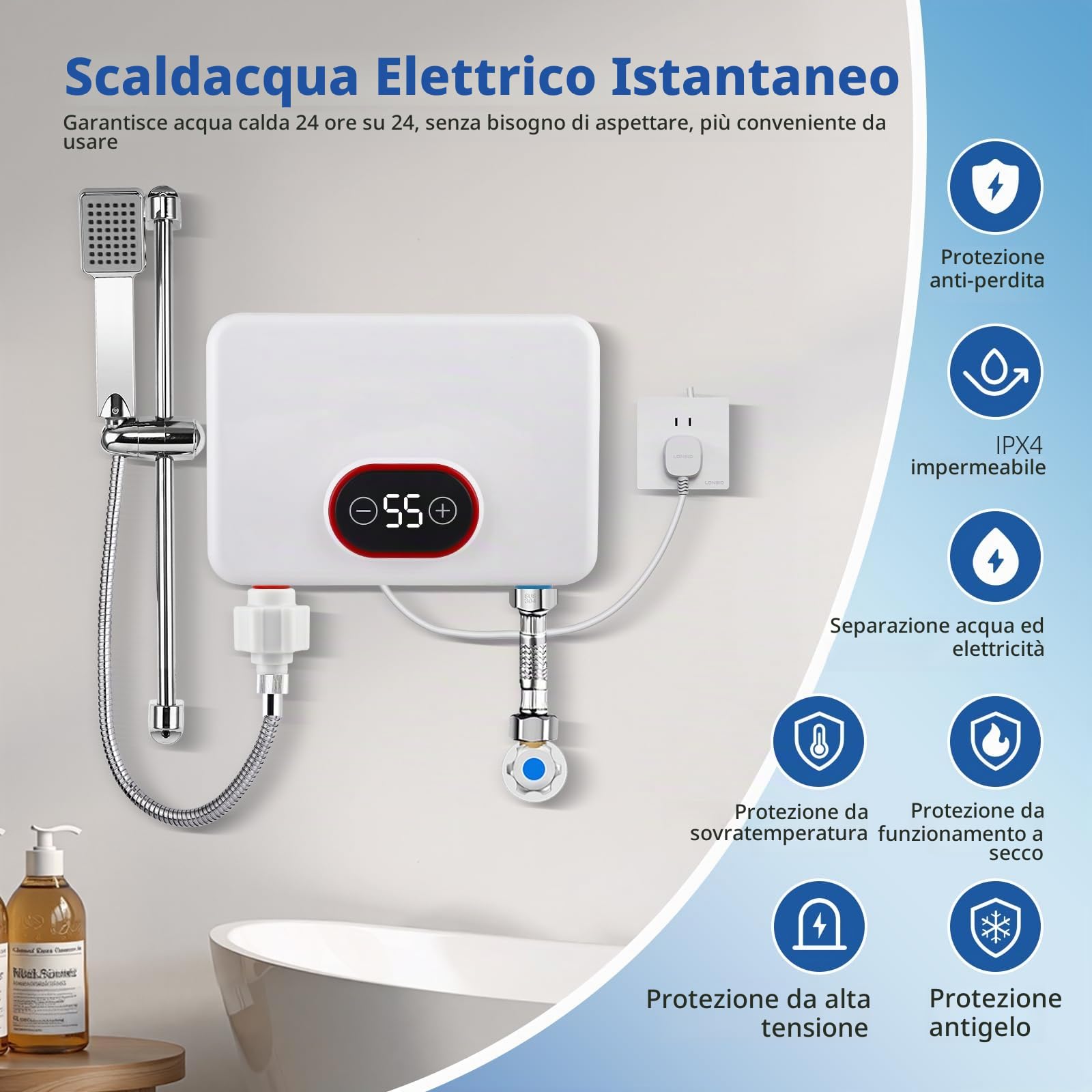 Scaldabagno Elettrico 5,5kW, 220V Scaldacqua Istantaneo con Display Digitale & Modalità di Potenza a 3 Livelli, IPX4 30-52℃ per Doccia, Cucina & Giardino [Classe Energetica A] - Con Pioggia