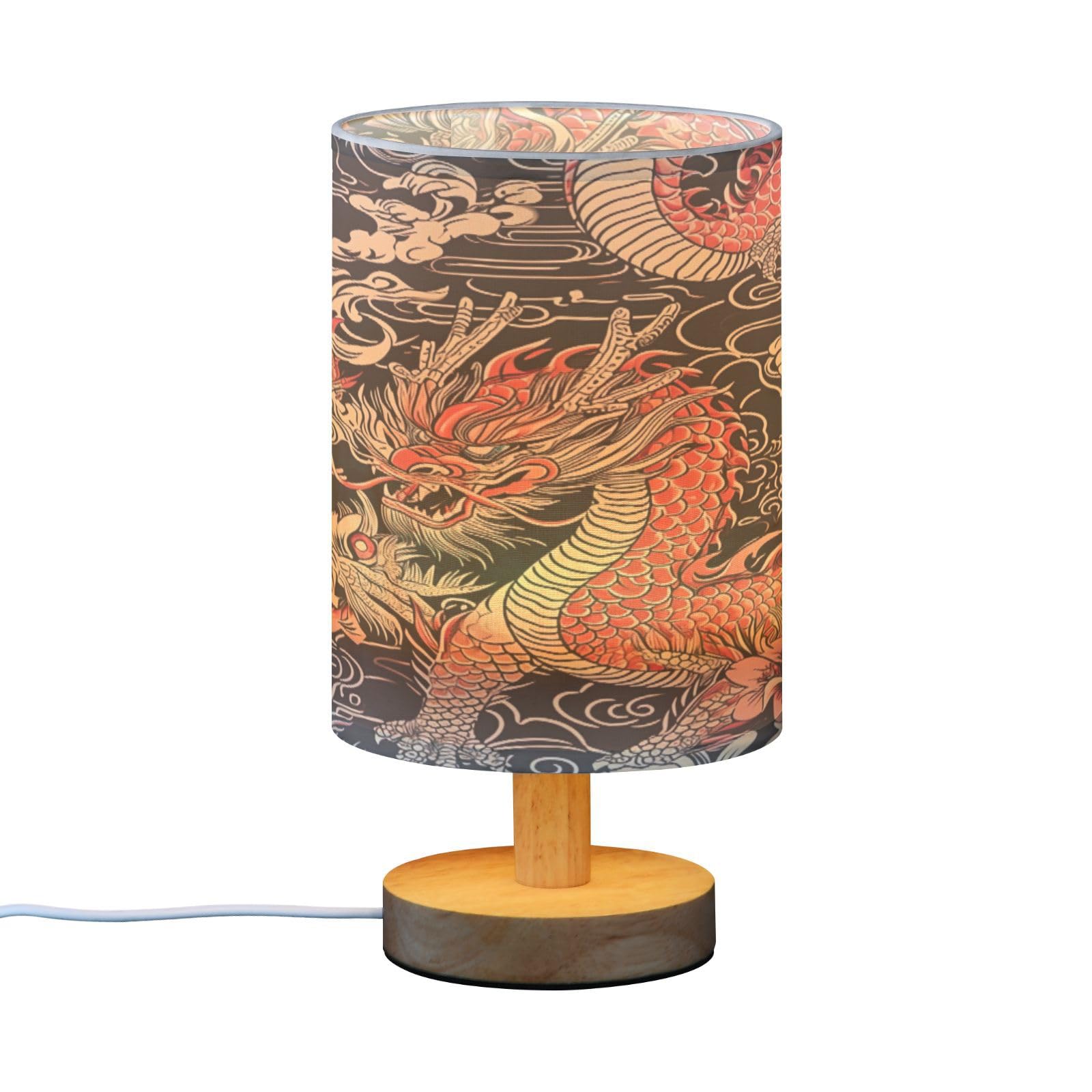 SDMKA Chinese Red Dragon Bedside Table Lamp for Bedroom, Minimalist Nightstand Lamp with Round Fabric Shade for Living Room, Office, No Bulb Required