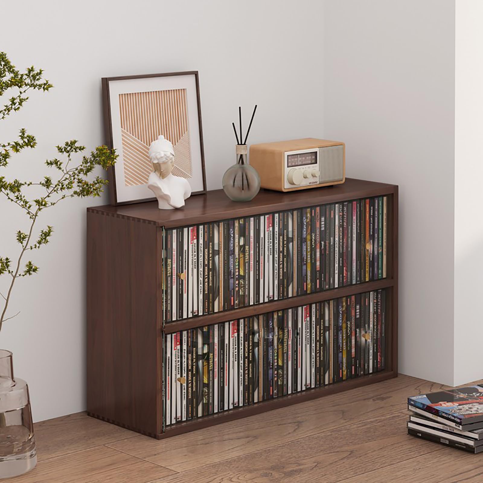FfiMe Stojak na płyty winylowe, drewniany stojak na płyty CD, stojak na płyty winylowe, stojak na płyty DVD, uchwyt na okładkę albumu, organizer na płyty winylowe (ciemnobrązowy)