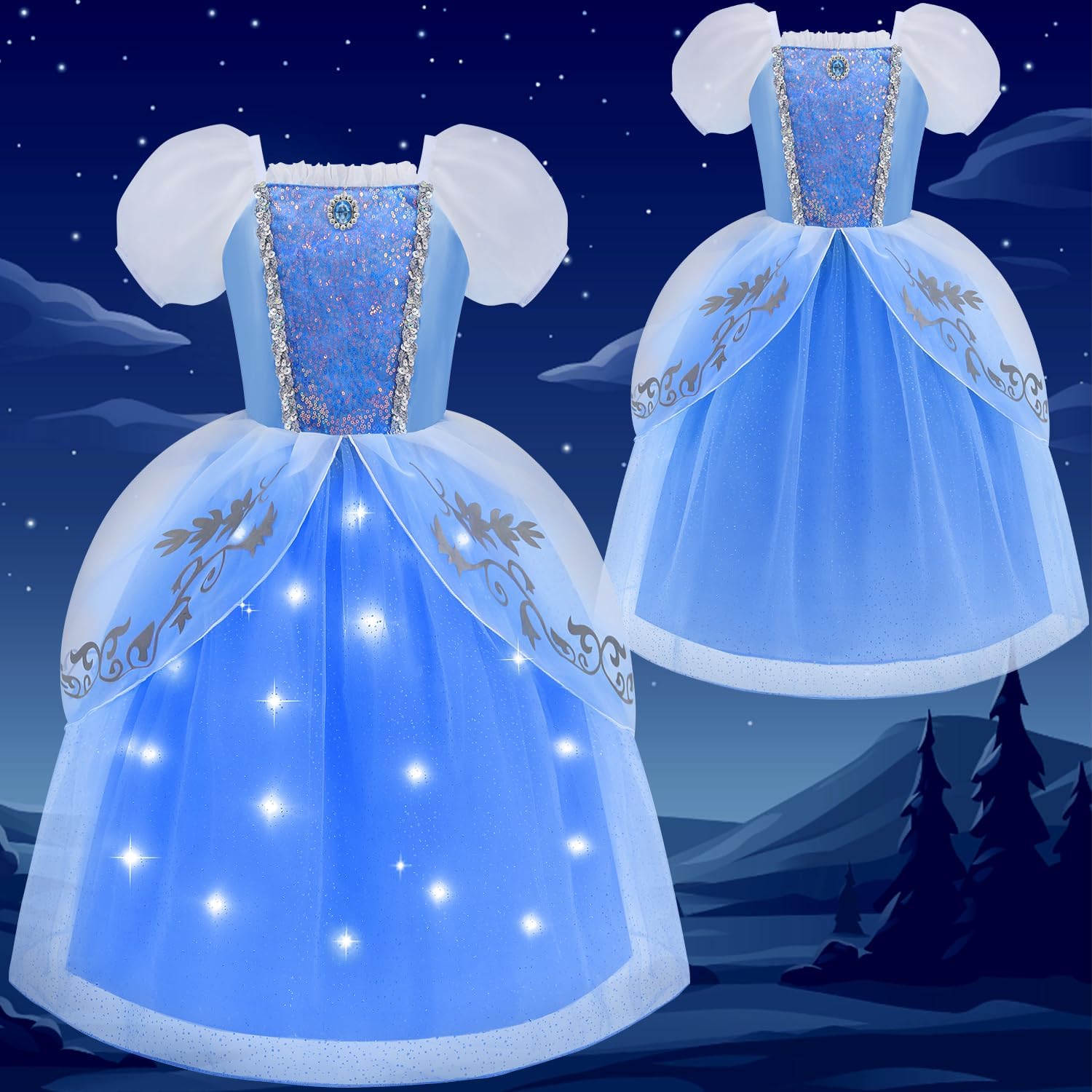 Princess Light Up Dress for Girls Blue Puff Sleeves Princess Costume Fancy Dress Up for Halloween Cosplay Carnival - Image 2