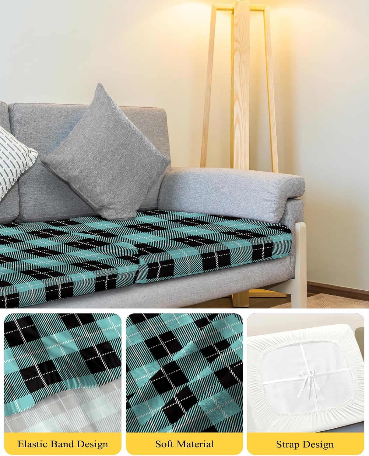 Couch Cushion Covers Teal Check Plaid Sofa Cushion Cover Stretch Seat Covers Buffalo Plaid Sofa Slipcovers Soft Furniture Protector for Sectional Sofas Living Room Medium-1 Piece