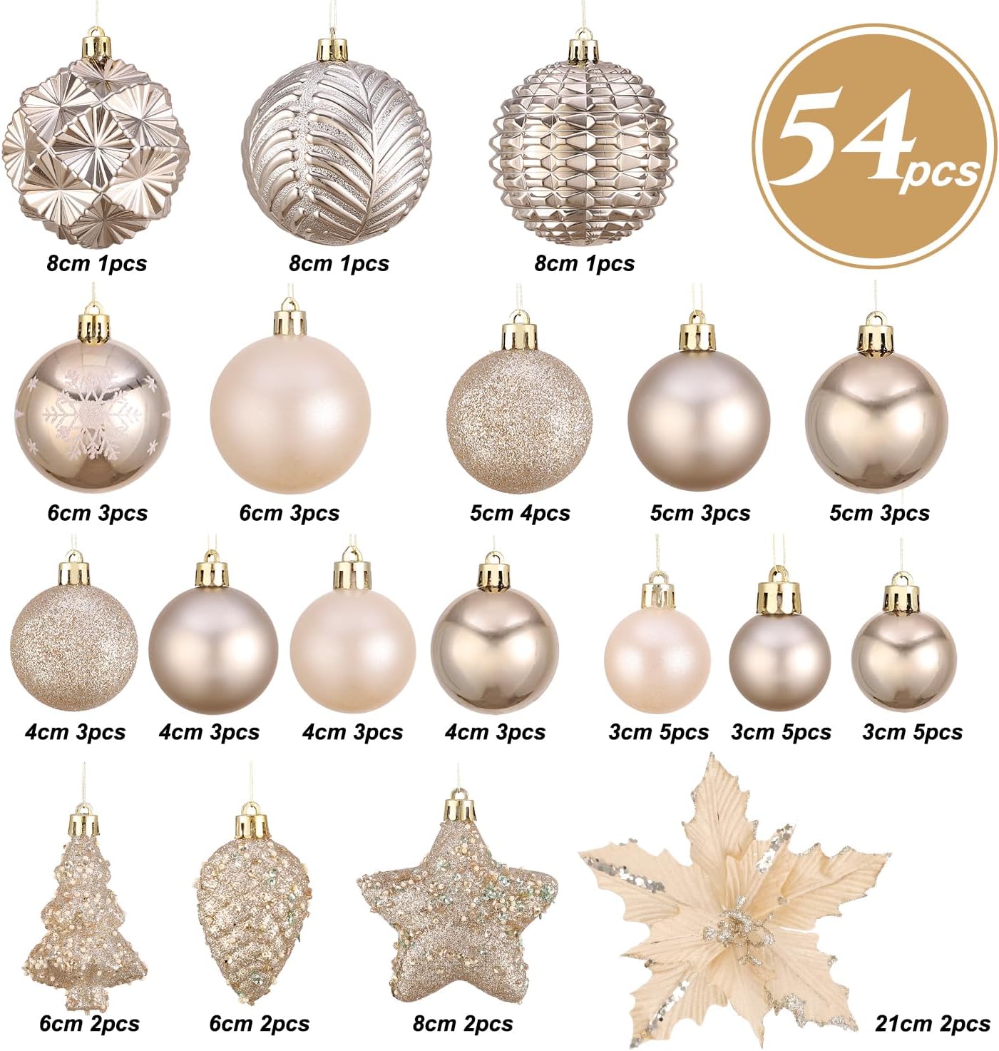 54ct Champagne Gold Christmas Ball Ornaments, Assorted Shatterproof Christmas Decorations Bulk Elegant Hanging Bulbs Ornaments with Artificial Christmas Flowers for Xmas Tree Holiday Party Decor