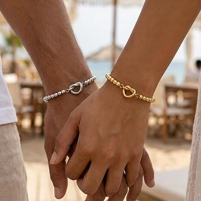 Couple Matching Gold Silver Seed Beaded Bracelets Set for Women, Handmade Stretch Accessories Jewelry, Valentine's Holiday Boyfriend Girlfriend Wife Friendship Gift