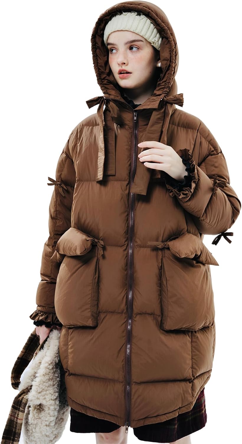 2025 Winter Original Design White Down Hooded Down Jacket for Women, Mid-Length Coat 234380 (US, Alpha, Medium, Regular, Regular, Dark brown)