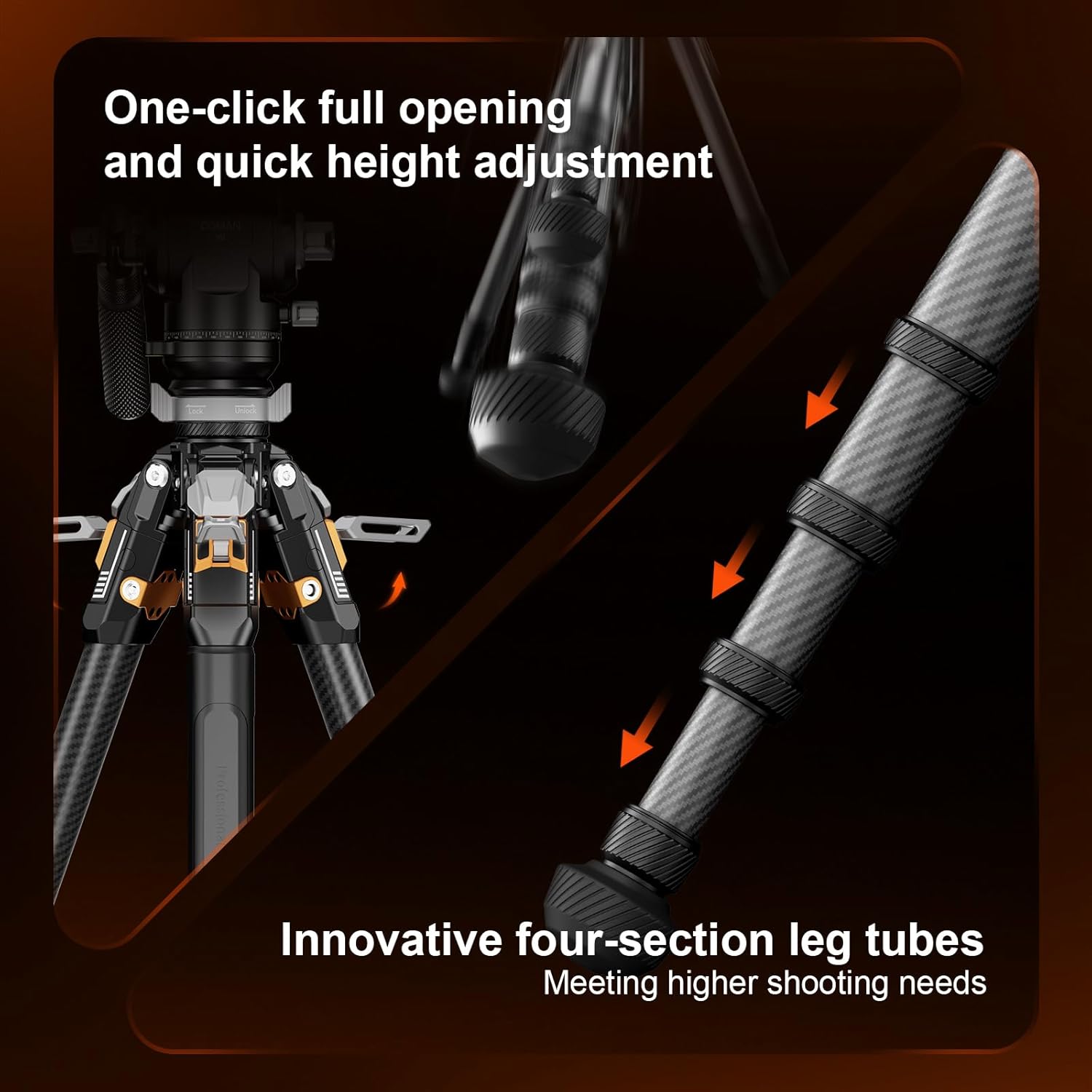 COMAN T1SV5 One-Snap Release Carbon Fiber Camera Tripod, 68.9" Adjustable Professional Tripod for Camera, Heavy Duty Camera Stand with V5 Fluid Head for Canon Nikon DSLR Telescope, Max Load 22 LB