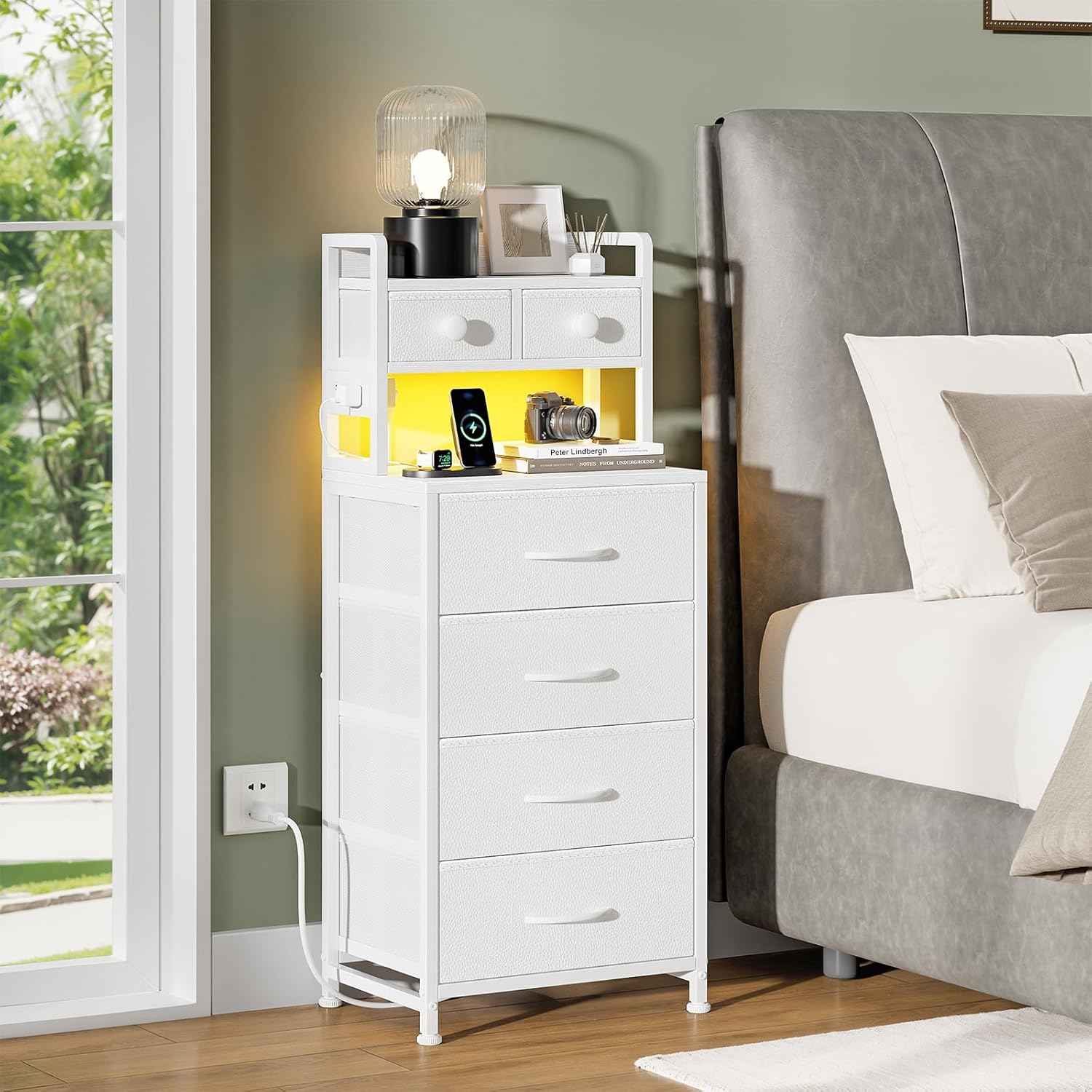REAHOME 41 Inch Tall Nightstand with Charging Station, LED Night Stand with 6 Fabric Drawers, Bed Side Table with 3-Tier Wood Storage Shelves for Bedroom, Office, Small Spaces, White