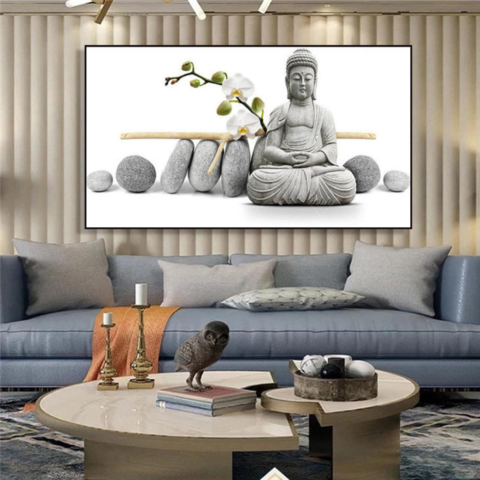 Meditar Buda blanco y pocas piedras Estatua tallada Pósters e impresiones Budismo Lienzo Pintura Arte de la pared Imágenes Decoración de la habitación 90x180cm (35x71in) con marco