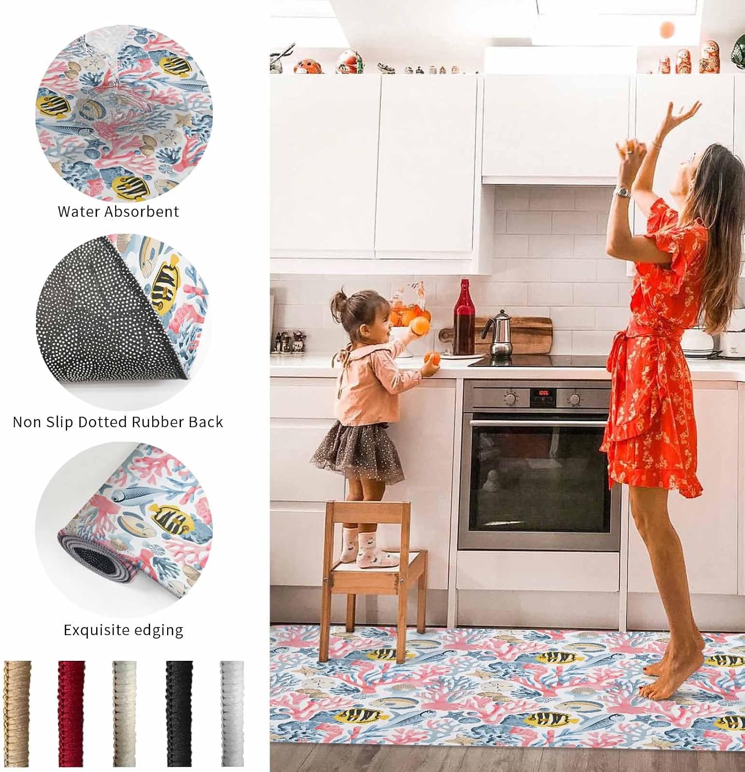 2 Pieces Kitchen Rugs and Mats,Summer Watercolor Ocean Coral Fish Area Runner Rug Set Non Slip Floor Doormat Washable Carpet Standing Mat for Kitchen Sink Indoor Corridor,Coastal Marine Animal