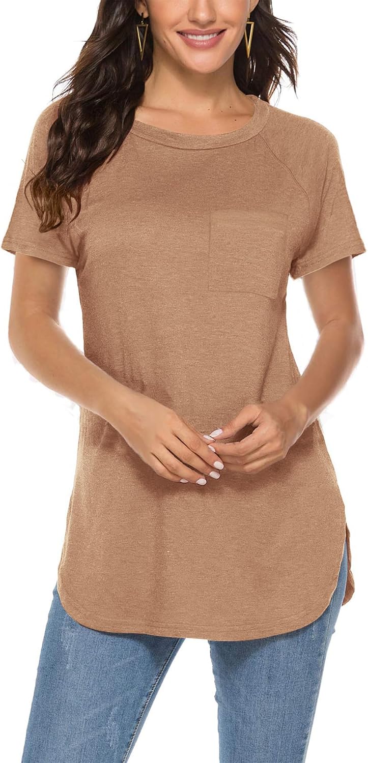 Newchoice Women's Short Sleeve Tunic Tops Casual Round Neck Loose Summer Basic Shirts with Pockets