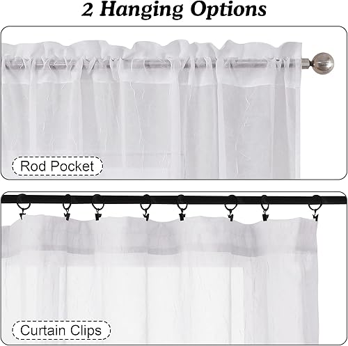 Miniatura 6 de OWENIE 2 paneles de cortinas traslúcidas blancas trituradas de 54 pulgadas de largo, cortinas de gasa con textura arrugada, filtrantes de luz,