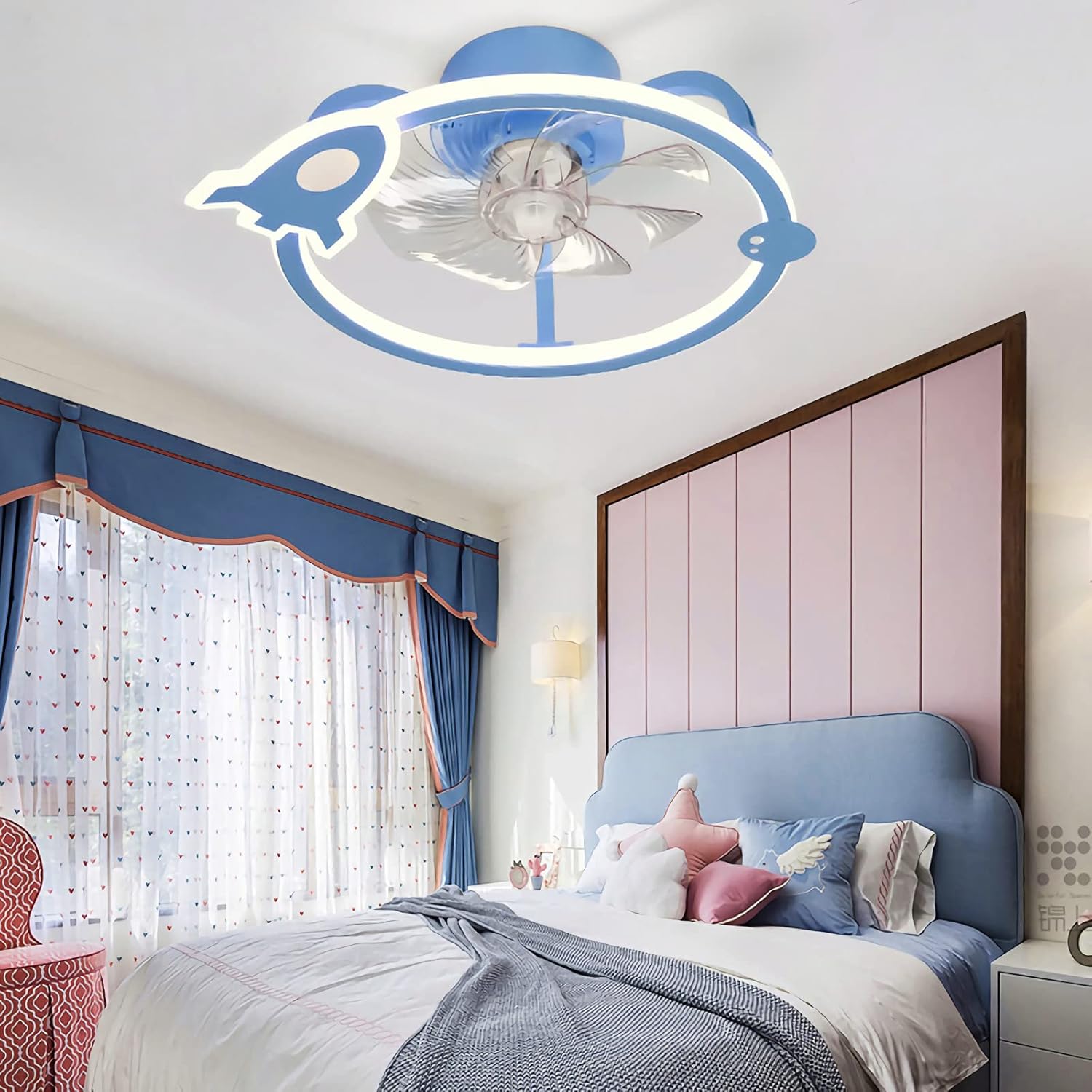 YUEGOO Led 85W Bedroom Ceiling Fan Light Stepless Dimming, Ceiling Fans with Lights and Remote/App Control, Silent Fan Ceiling Lamps, 50Cm Kids Fan Lighting Adjustable 6-Speed/Blue/E