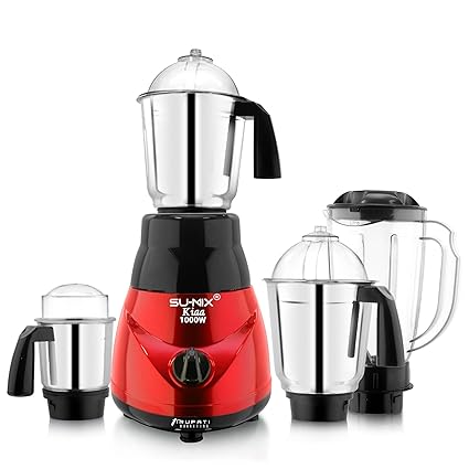 Su-mix New Model Traditional KIAA 1000-Watts Mixer Grinder with 100% Copper Motor with 3 Heavy Aluminium base Stainless Steel Jars and 1 ABS Juicer Jar(Dry Jar, Chutney Jar, Liquid, Juicer Jar) Red-BLack