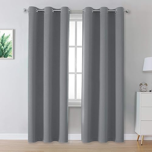 DUALIFE Grey Blackout Curtains 84 Inches Long for Bedroom Grey Grommet Window Treatment Thermal Insulated Room Darkening Window Panels Drapes for Living Room 42x84 Inch Length 2 Panels