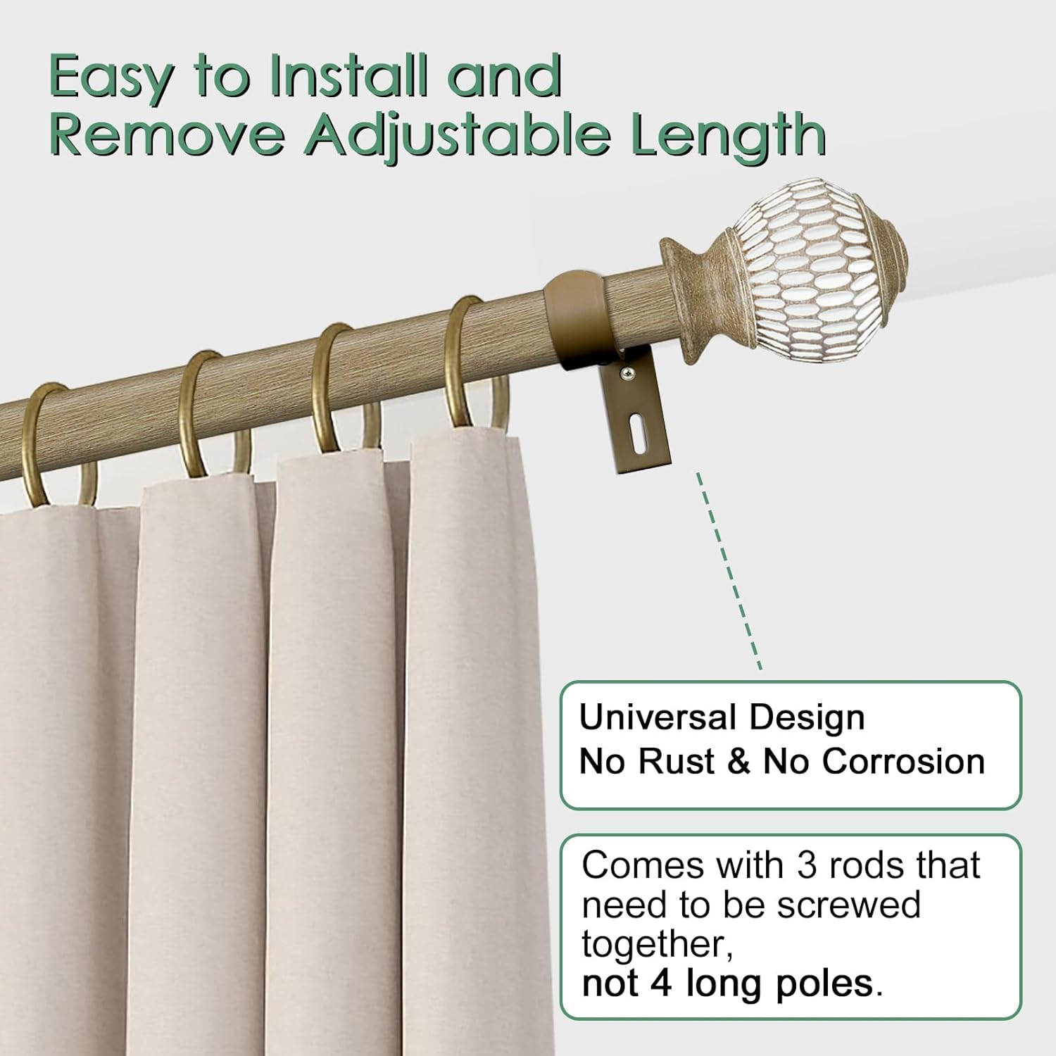 Byondeth Curtain Rods for Windows 16 to 88 Inches Adjustable Length 1 Inch Diameter Window Curtain Rod with Wood Grain Leaf Pattern Finials,for Heavy Duty Curtains Rods