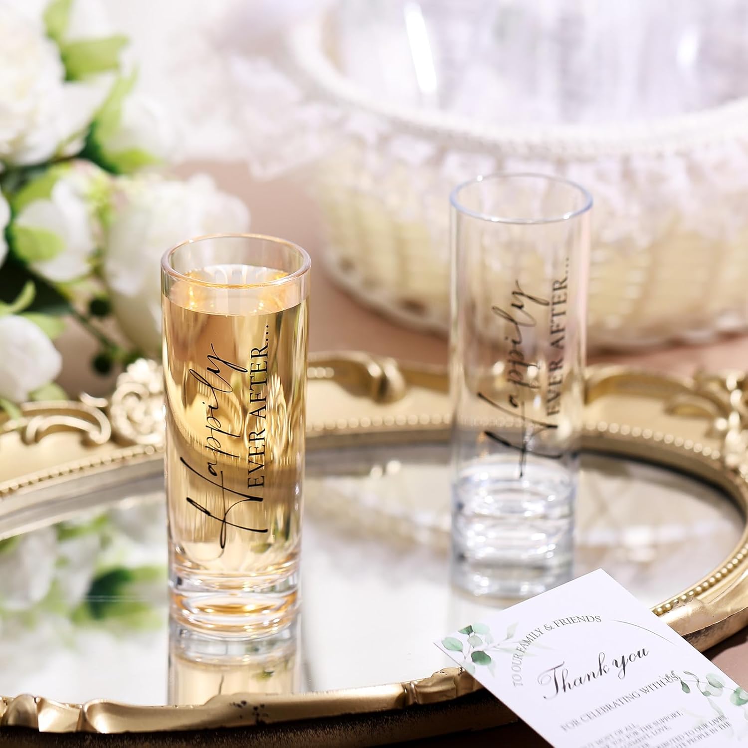 Sliner 100 Set Wedding Favors for Guests Bulk 2oz Acrylic Happily ever after Shot Glasses with Thank You Cards Organza Bags wedding gifts for Guest Souvenirs Newlyweds Bridal Shower Party