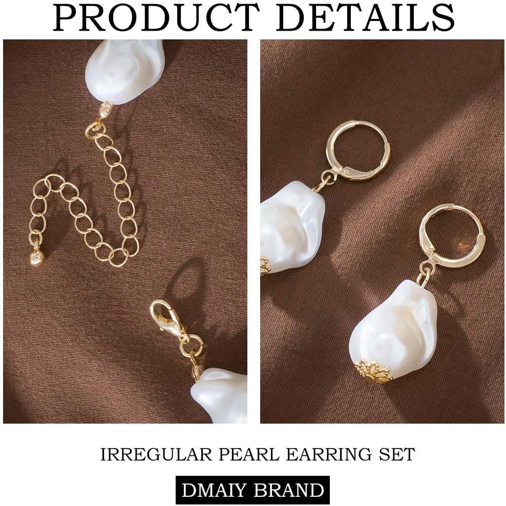 Pearl Necklace and Earrings for Women Irregular Pearl Necklace Set White Baroque Pearls Choker Set for Bride Wedding