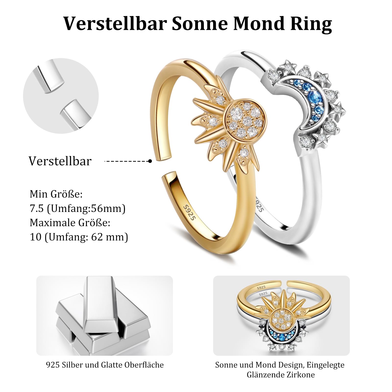 Anelli Sole e Luna Set Anelli Donna Argento Anello Cuore,Anelli Argento 925 Anello Sole e Luna,Donna Anelli Donna Regolabili Anello Argento Gioielli Donna Regali Donna,Anelli Regalo Donna,Regalo Amica